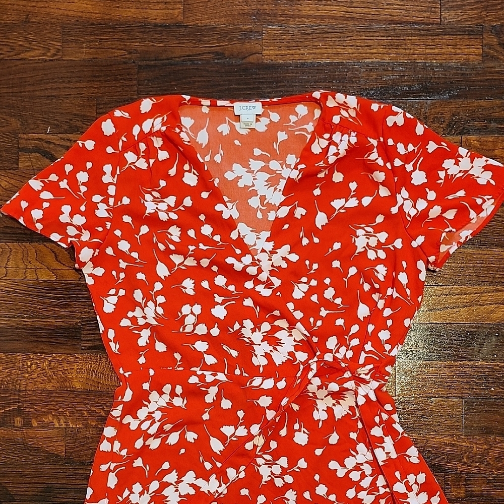 J. Crew Vibrant Red-Orange Wrap Dress with White Floral Design - Picture 3 of 10